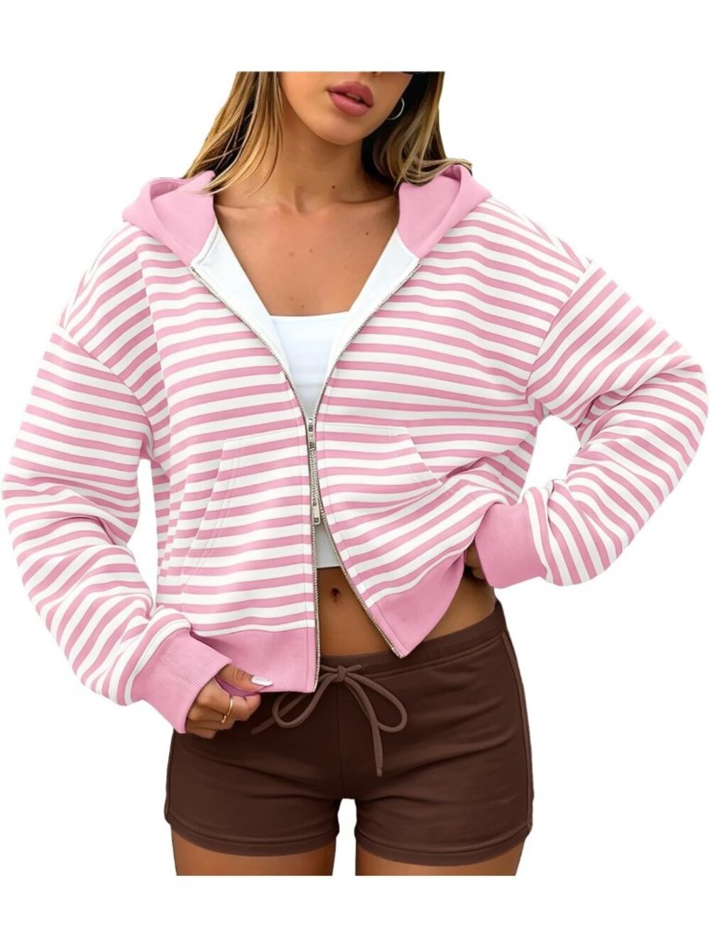 Y2K Striped Zip Up Hoodie - Color Block Long Sleeve Cropped Jacket with Pockets